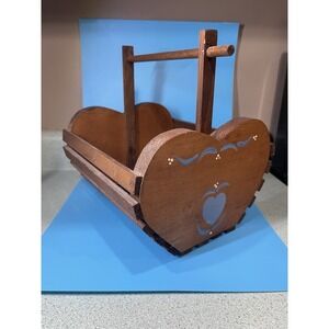 Vintage Handmade Hand Painted Heart Wooden Basket Blue Country Cottage Core